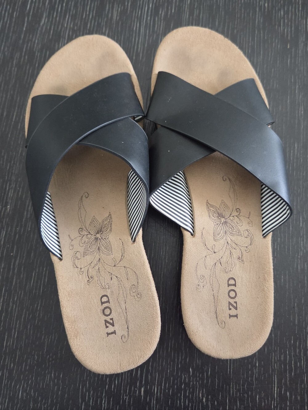 Izod Black Cross-Strap Slide Sandals with Tan Footbed Size 8 Model Alyssa